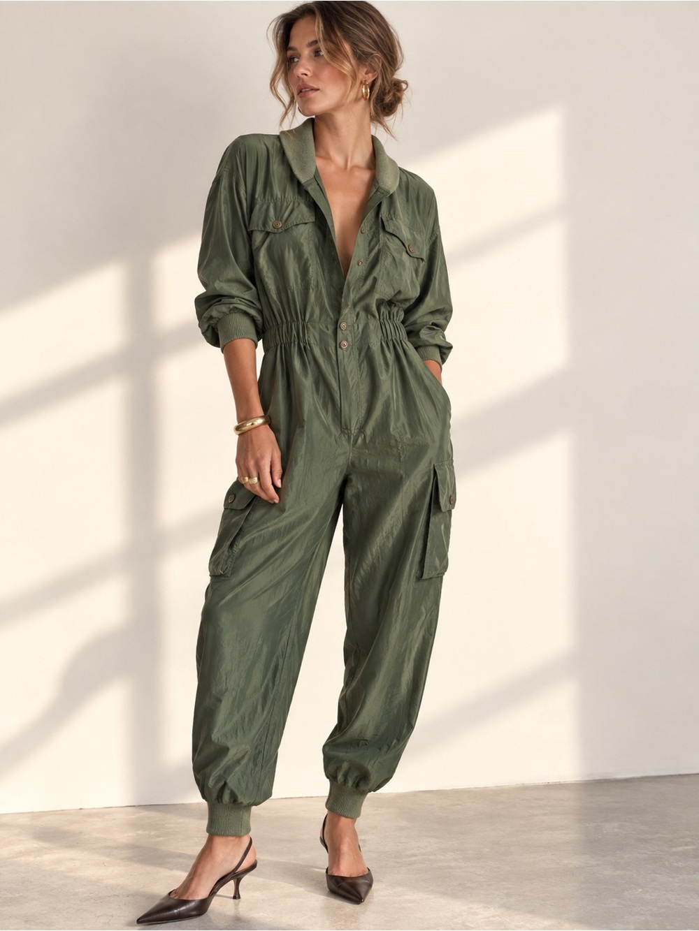 Vintage VFree 100% Silk Olive Utility Jumpsuit | Size M–XL